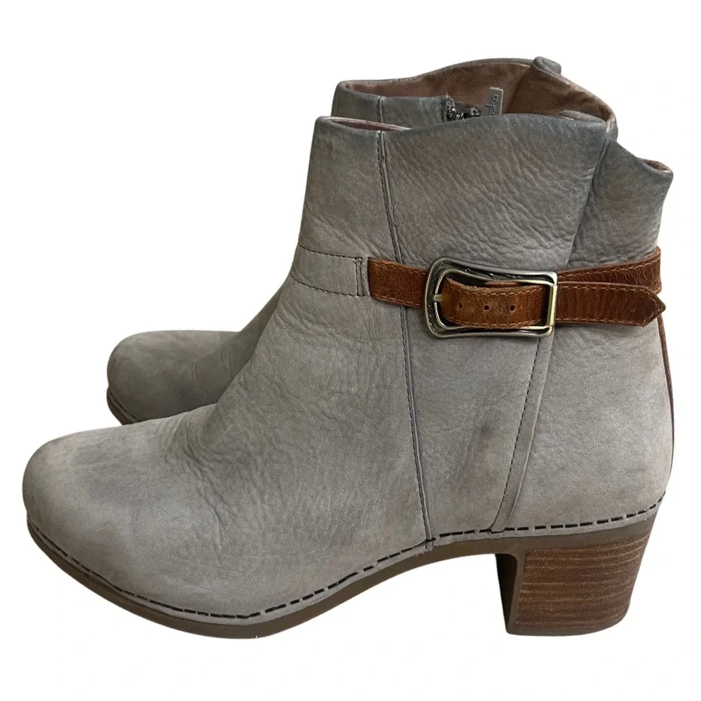 Dansko hatley Grey Leather Boots Side Buckle Wood Heel Women Size 41 USA 10.5-11